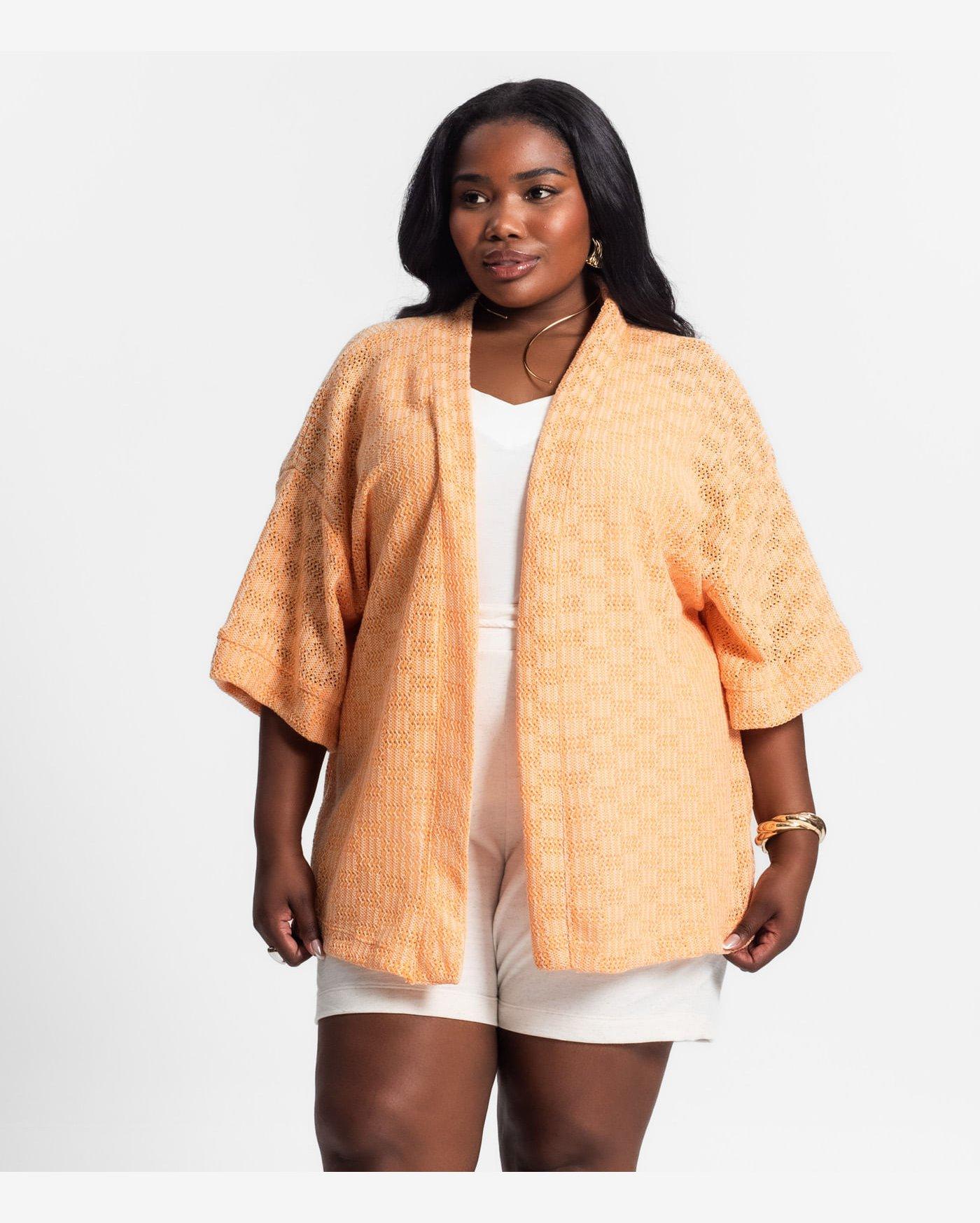 Kimono Feminino Plus Size Em Tricot Secret Glam Laranja
