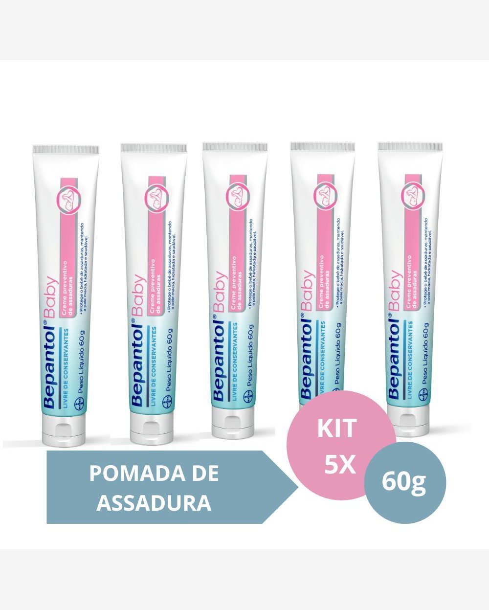 Kit com 5 Cremes Pomada de Assadura 60gr Cada - Bepantol