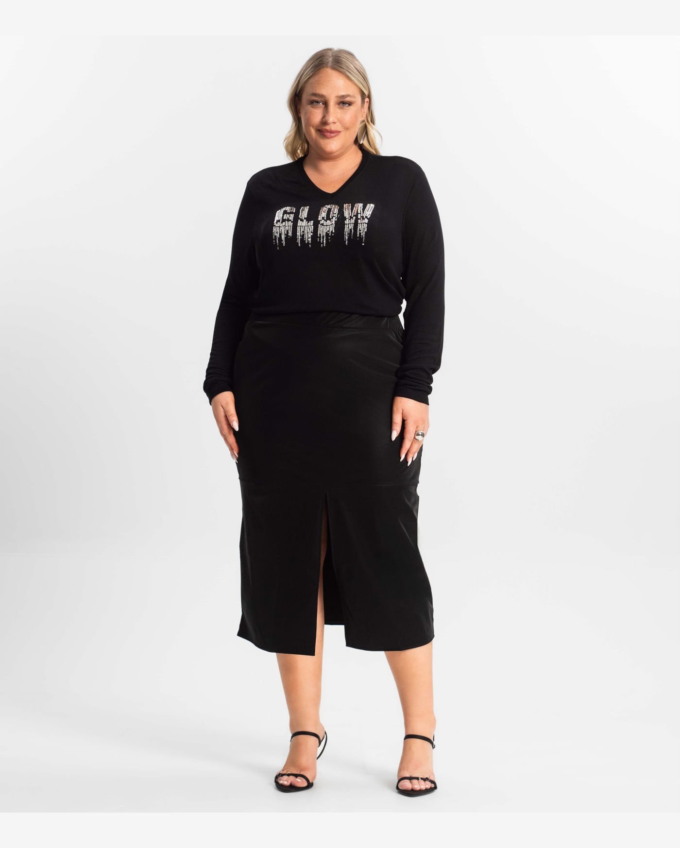 Saia Midi Plus Size Com Fenda Secret Glam Preto