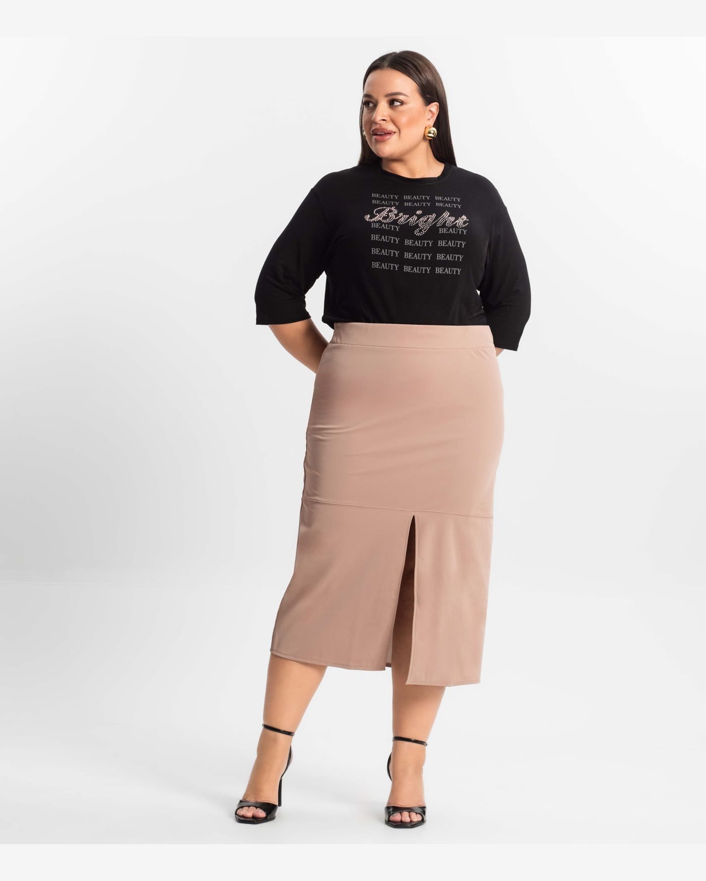 Saia Midi Plus Size Com Fenda Secret Glam Marrom