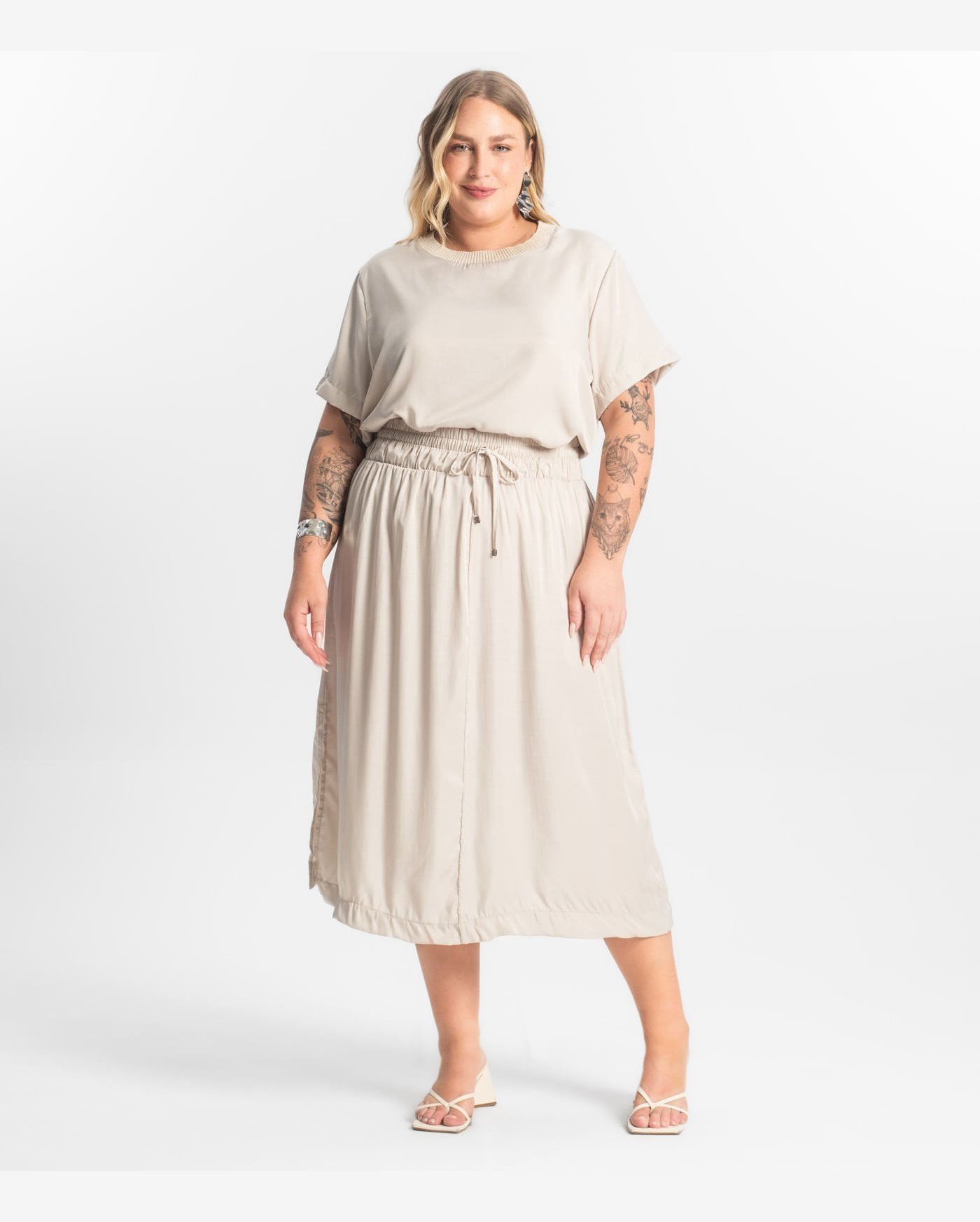Saia Midi Plus Size Secret Glam Bege